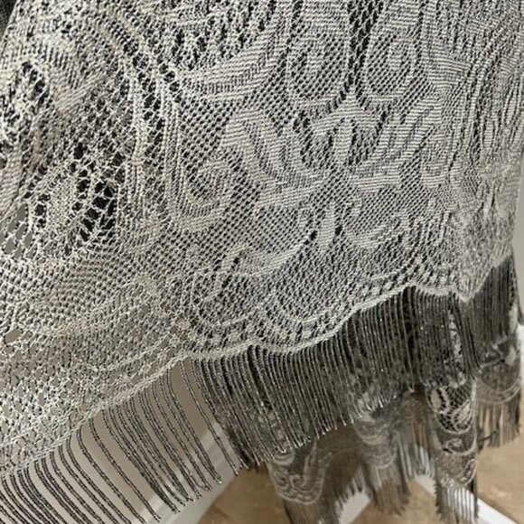 Onyx Nite Vintage Wendye Chaitin Silver Metallic Mesh Fringe Midi Dress & Duster - Picture 8 of 11